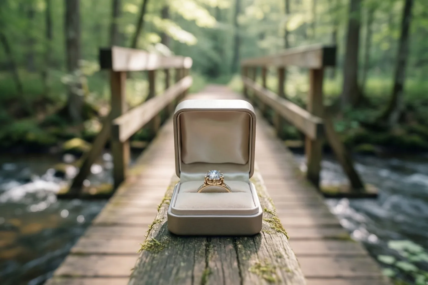 Een open ringdoosje met een diamanten verlovingsring staat op een verweerd houten voetbruggetje over een bosbeek, in gevlekt zonlicht.