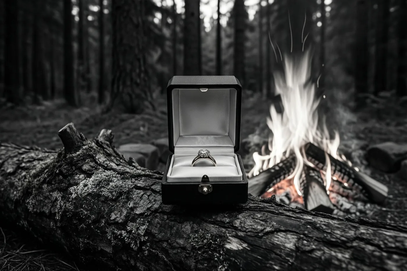 Een open zwart ringdoosje met een diamanten ring staat op een bemoste boomstam naast een kampvuur in een schemerig bos, in zwart-wit.