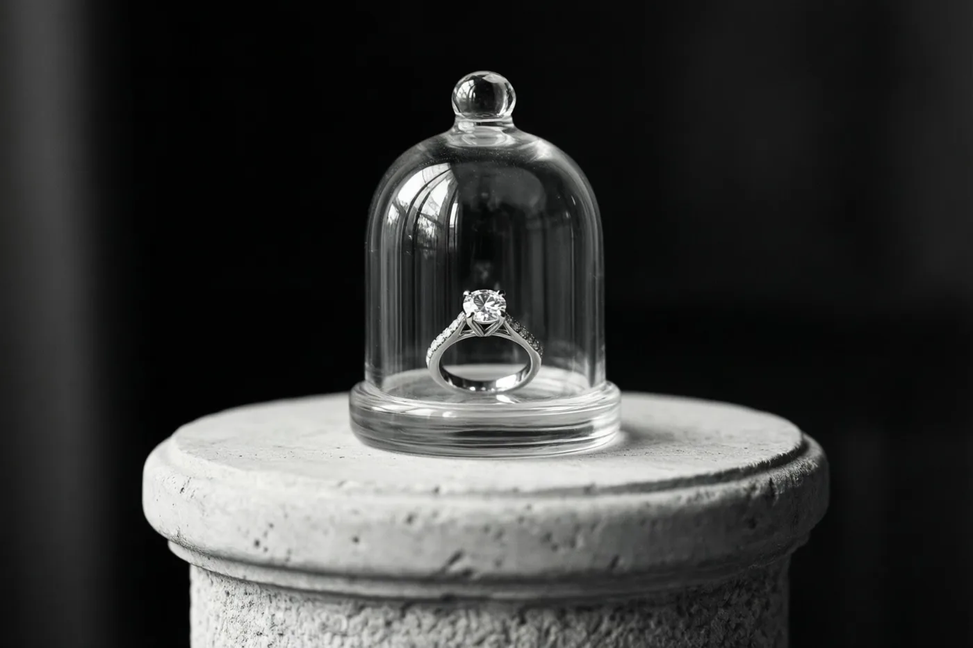 Een ring met één diamant staat onder een kleine glazen stolp op een lichte stenen sokkel tegen een donkere achtergrond.