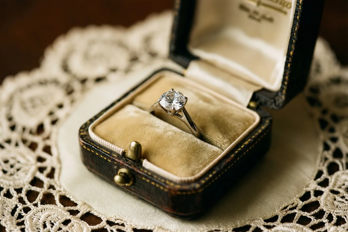 Een open vintage ringdoosje met een ring met één diamant staat op een fijn kanten kleedje, met de ring scherp in beeld tegen een zachte achtergrond.
