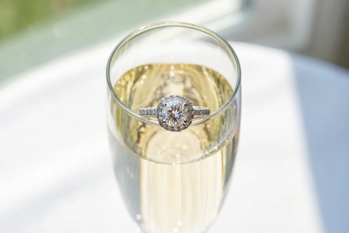 Een diamanten ring met een halo van steentjes ligt op de rand van een kristallen champagnefluit met bubbels, op een witte ondergrond in helder daglicht.