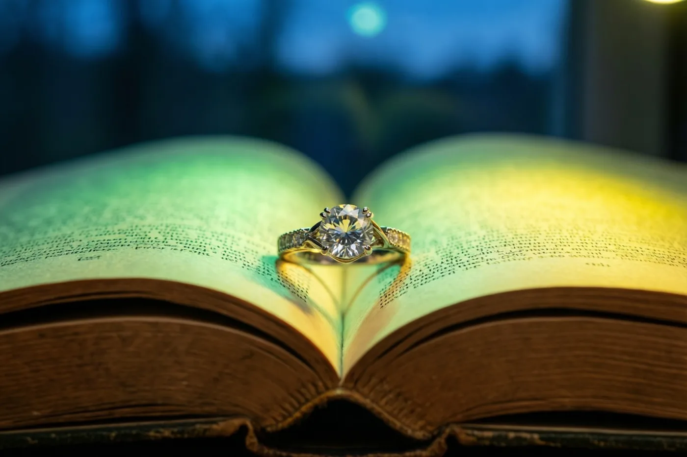 Een verlovingsring met een grote centrale diamant ligt op een opengeslagen oud boek, verlicht in geel en groen tegen een donkerblauwe achtergrond.
