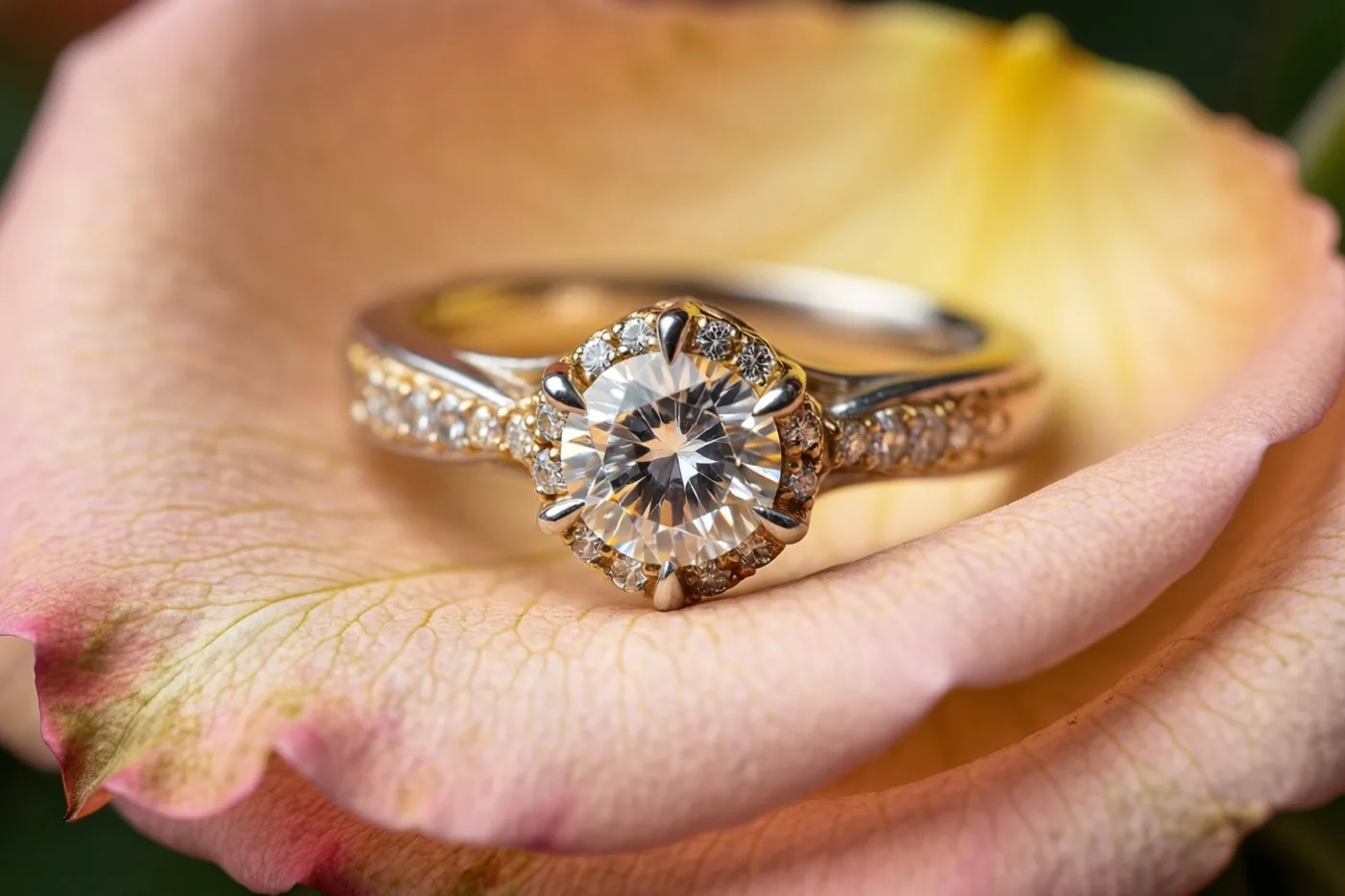 Een verlovingsring met een grote centrale diamant en kleinere diamanten op de band ligt op een zachtroze rozenblaadje in warm licht.