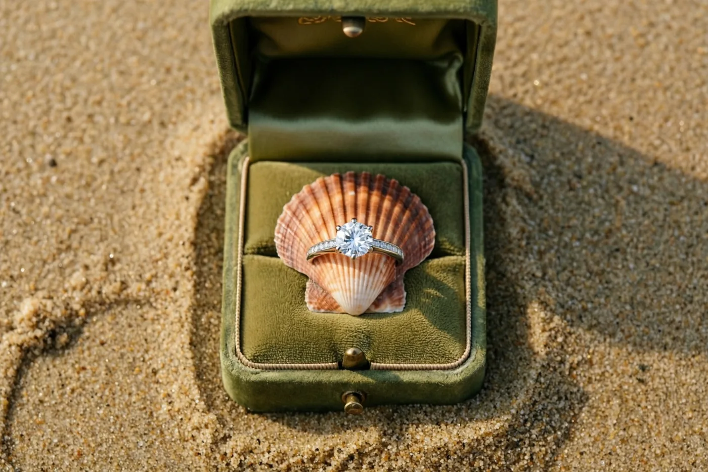 Een open groen fluwelen ringdoosje ligt in het zand, met een ring met één diamant op een sint-jakobsschelp in warm zonlicht.