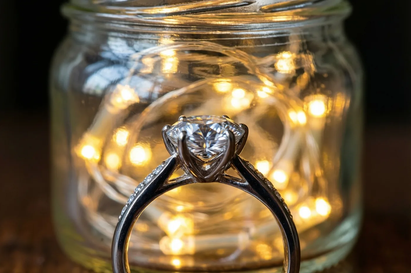 Een fonkelende diamanten verlovingsring staat voor een glazen pot met onscherpe lichtjes in warm goudkleurig licht.