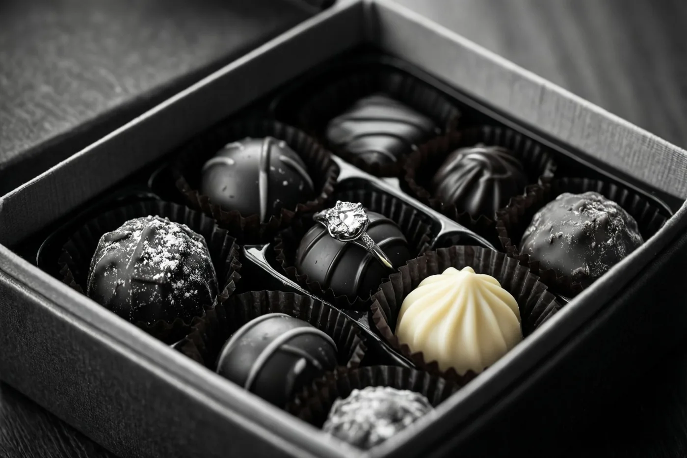 Een open doos met verschillende pralines, waaronder één witte praline en een donkere praline met een diamanten ring erop, staat in een monochroom beeld op donker hout met beperkte scherptediepte.