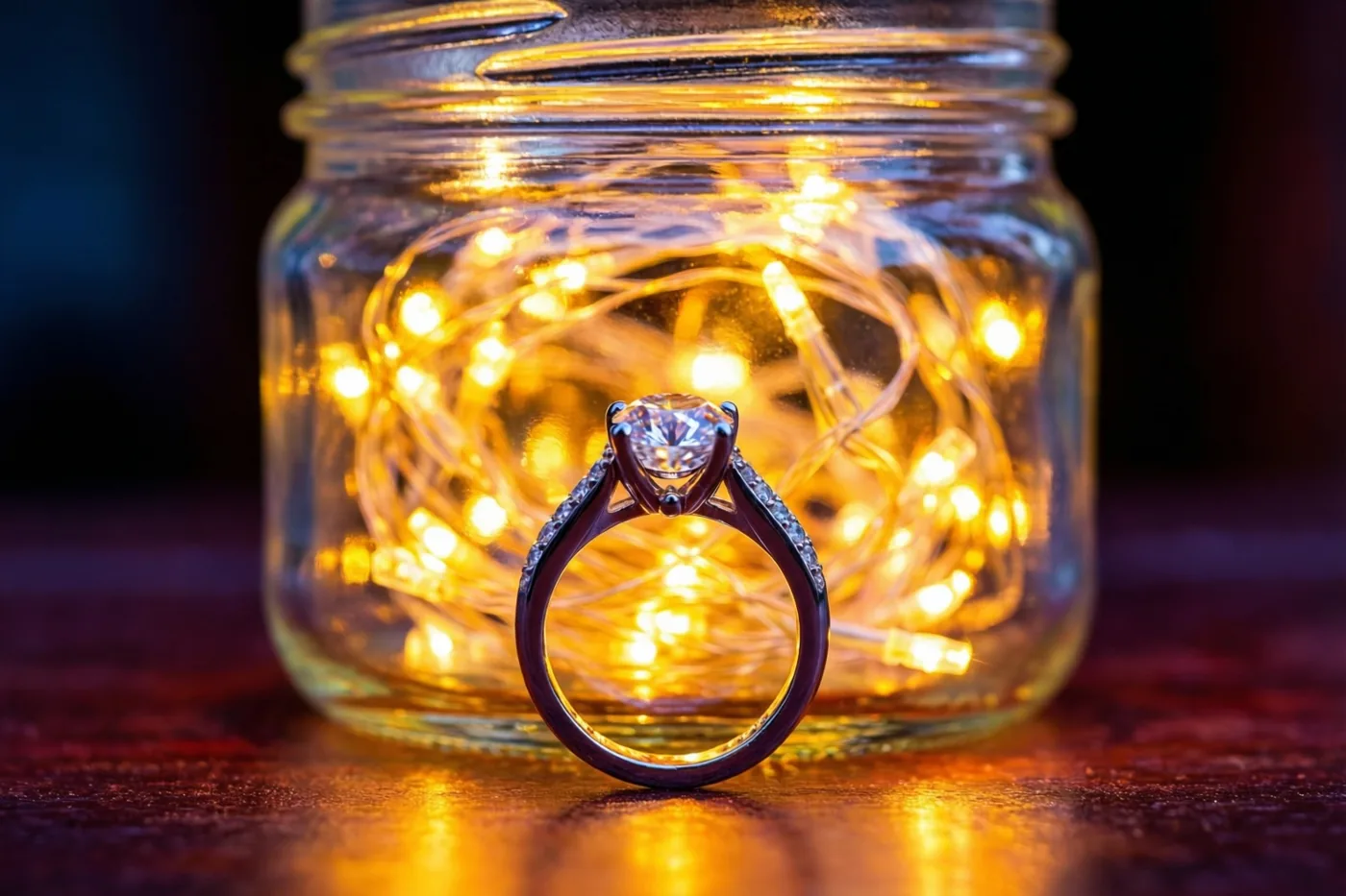 Een verlovingsring met een centrale diamant en diamanten op de band rust op hout voor een glazen pot met een wirwar van wazige, brandende lichtjes.