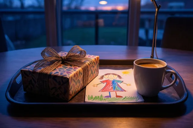 Een ontbijtdienblad met een ingepakt cadeau, een kleurrijke kindertekening van een meisje en een mok koffie staat op een houten tafel bij een raam in de schemering.