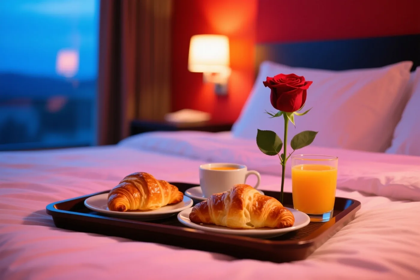 Op een bed staat een dienblad met twee croissants, koffie, sinaasappelsap en een rode roos, in een warm verlichte hotelkamer met rode muren en een blauw avondzicht.