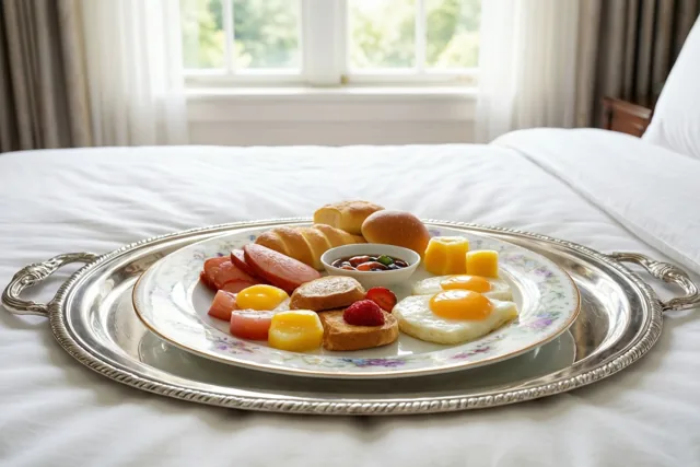 Op een wit bed staat een zilveren dienblad met fijn porselein, spiegeleieren, fruit, brood en worst, met een raam op de achtergrond.