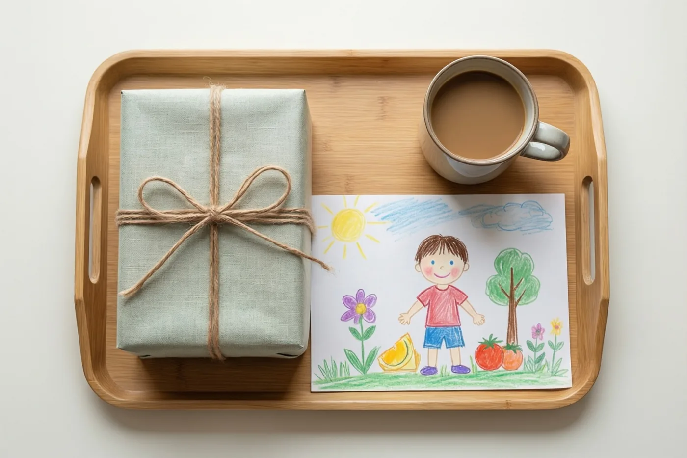 Op een houten dienblad liggen een ingepakt cadeau en een kleurrijke kindertekening van een jongen in een tuin naast een mok koffie, tegen een witte achtergrond.