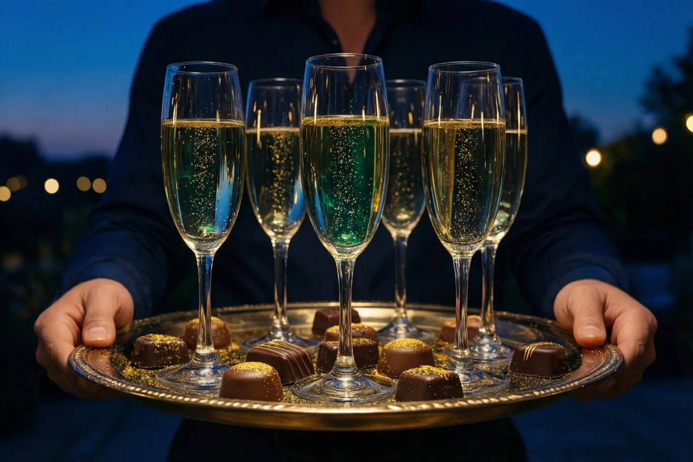 Iemand houdt buiten een zilveren dienblad met champagneglazen en chocolade met goudpoeder vast, met een schemerlucht en wazige warme lichtjes op de achtergrond.
