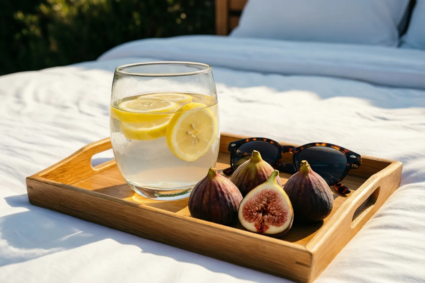 Een houten dienblad met een glas citroenwater, verse vijgen en een zonnebril staat buiten op een wit bed in warm zonlicht.