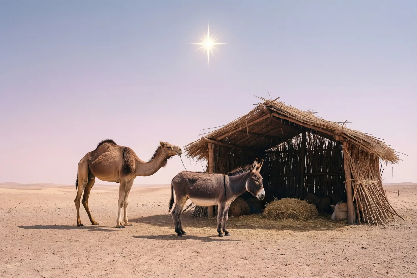 Een kameel en een ezel staan bij een stal met een rieten dak in een woestijnlandschap, onder een heldere ster en een blauwe hemel.