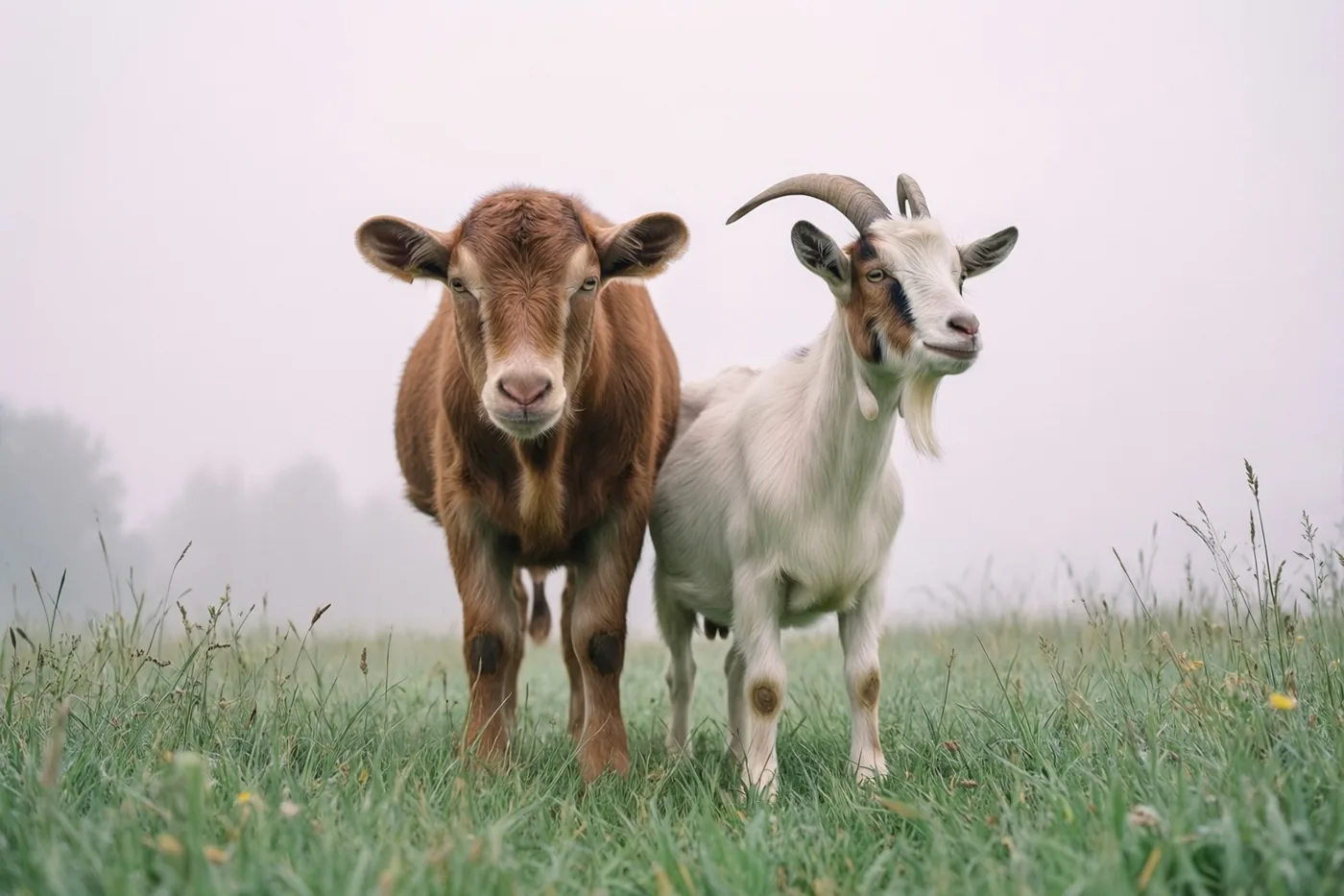 Een bruin dier en een witte geit met horens staan schouder aan schouder in een mistige groene weide, in zacht licht en gedempte tinten.