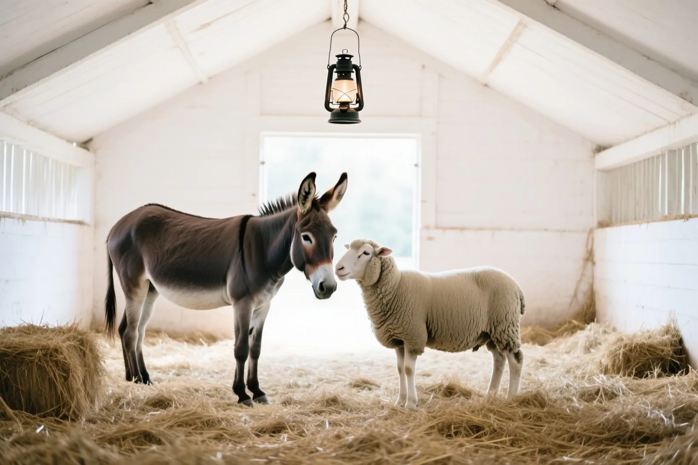 Een ezel en een schaap staan tegenover elkaar in een stal met stro en witte muren, verlicht door een hangende lantaarn en daglicht uit een raam.