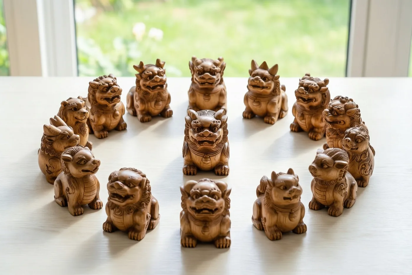 Twaalf kleine houten dierenbeeldjes van de Chinese dierenriem staan in een kring op een lichte houten tafel met daglicht uit een raam erachter.