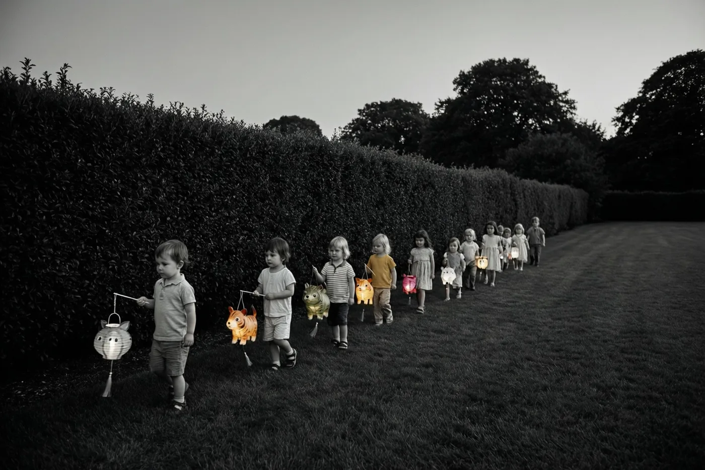 Kleine kinderen lopen in een rij langs een hoge haag met brandende dierenlantaarns die kleur brengen in de verder vrijwel monochrome schemering.