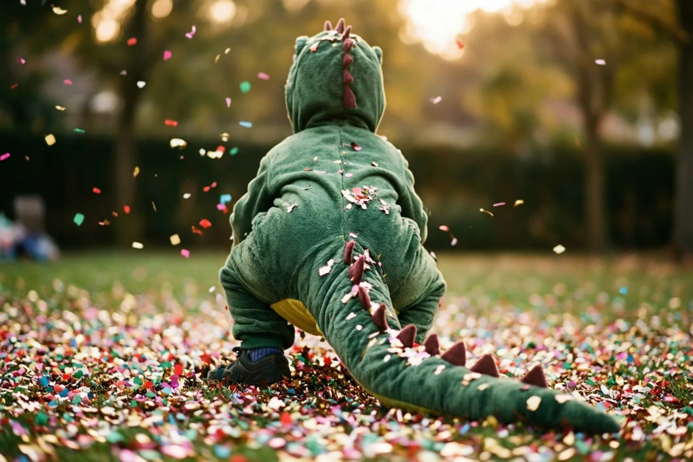 Een kind in een groen dinosauruskostuum met een lange staart zit met de rug naar de camera in gras vol kleurrijke confetti, met onscherpe bomen in warm goudkleurig zonlicht.