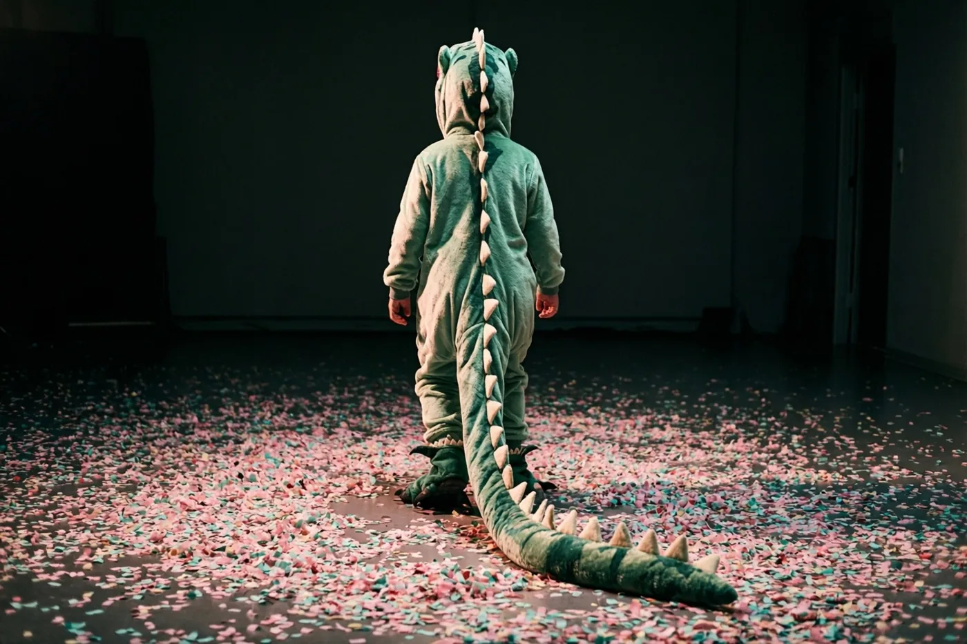 Een kind in een groen dinosauruskostuum met een lange staart loopt met de rug naar de camera over een donkere vloer met roze en blauwgroene confetti in gedempt licht.
