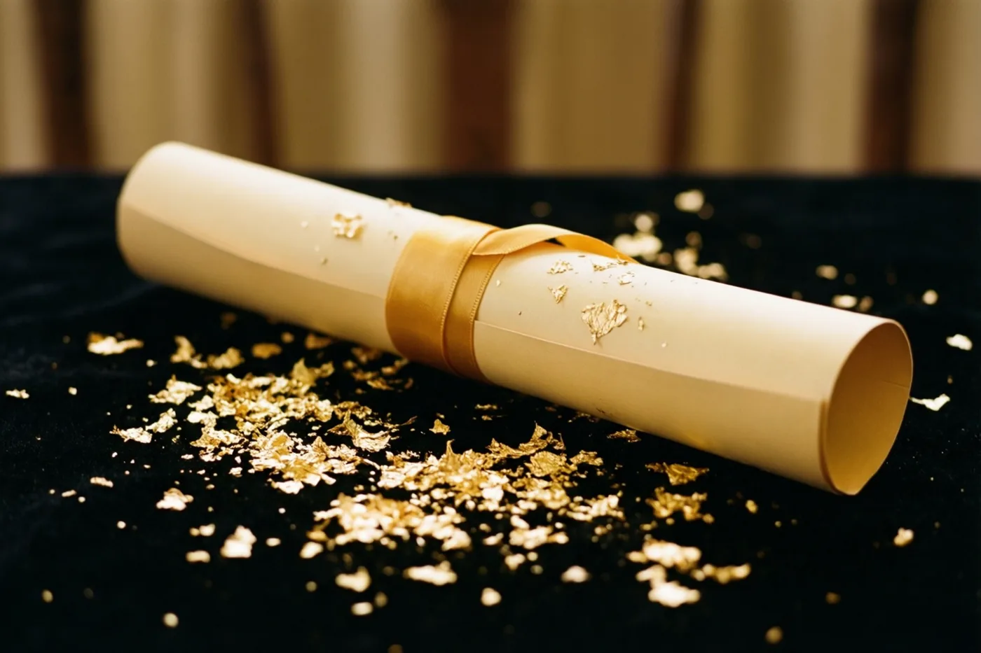 Een opgerold diploma met een gouden lint ligt tussen snippers bladgoud op zwart fluweel in warm licht.