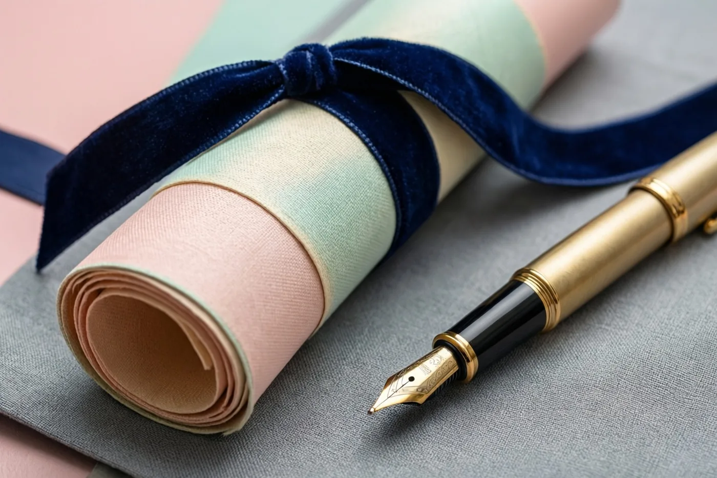 Een opgerold diploma met een marineblauw fluwelen lint ligt op grijs linnen naast een gouden vulpen, in zachte pasteltinten.