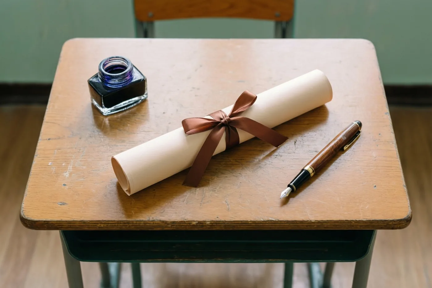 Een opgerold diploma met een bruin lint ligt met een glazen inktpot en een houten kroontjespen op een versleten houten schoolbank in een klas met gedempt groene muren en een houten vloer.