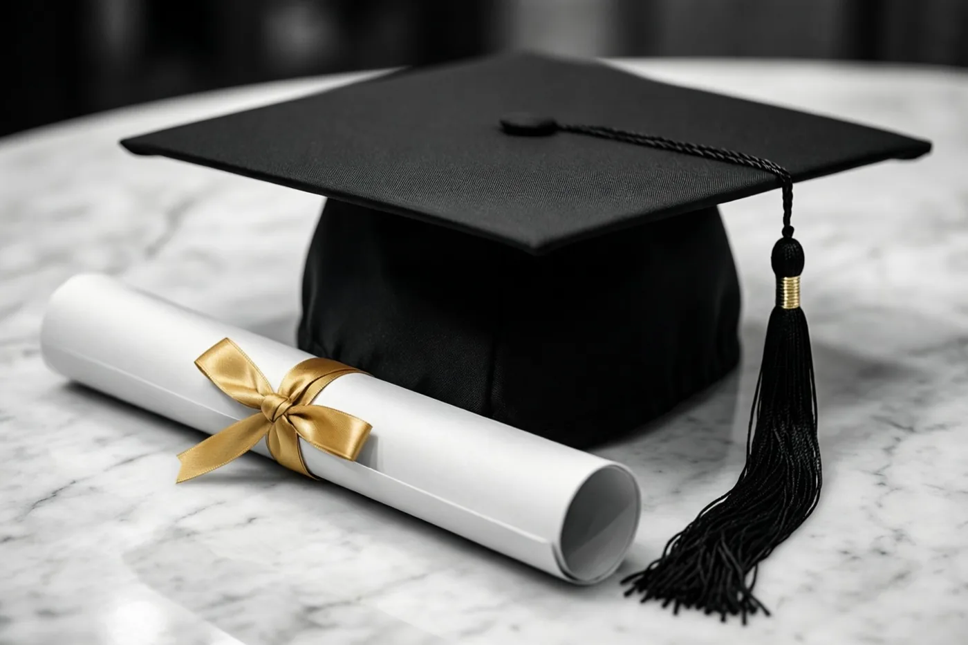 Een zwarte afstudeerhoed met een kwast en een opgerold diploma met een gouden lint liggen op gepolijst wit marmer, in een verder monochroom beeld.