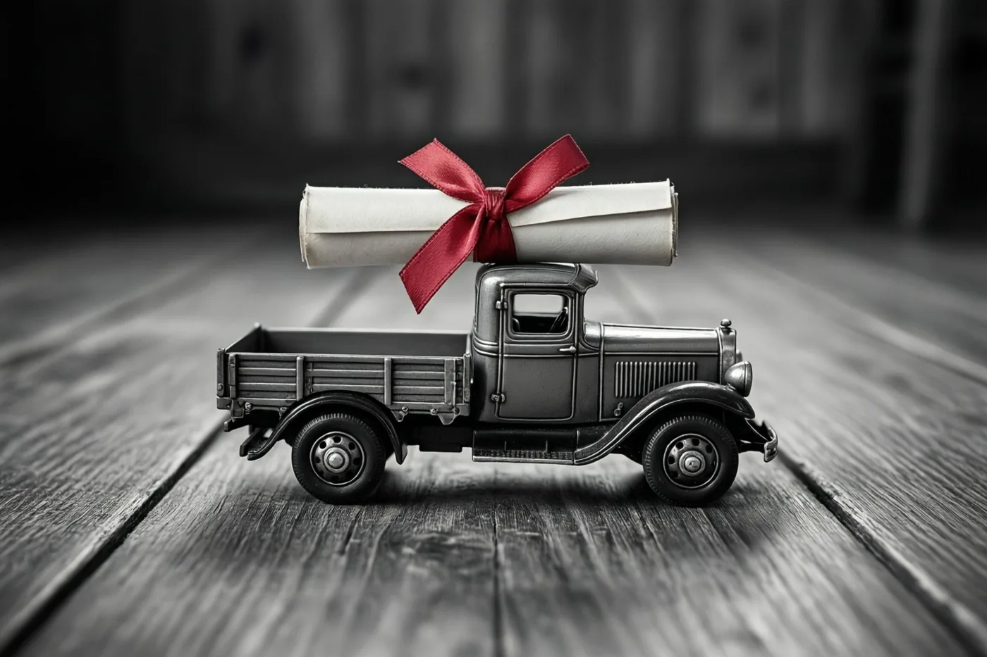 Een ouderwetse blikken speelgoedvrachtwagen staat op een houten vloer met een opgerold diploma met rood lint op het dak, waarbij alleen het lint kleur heeft.