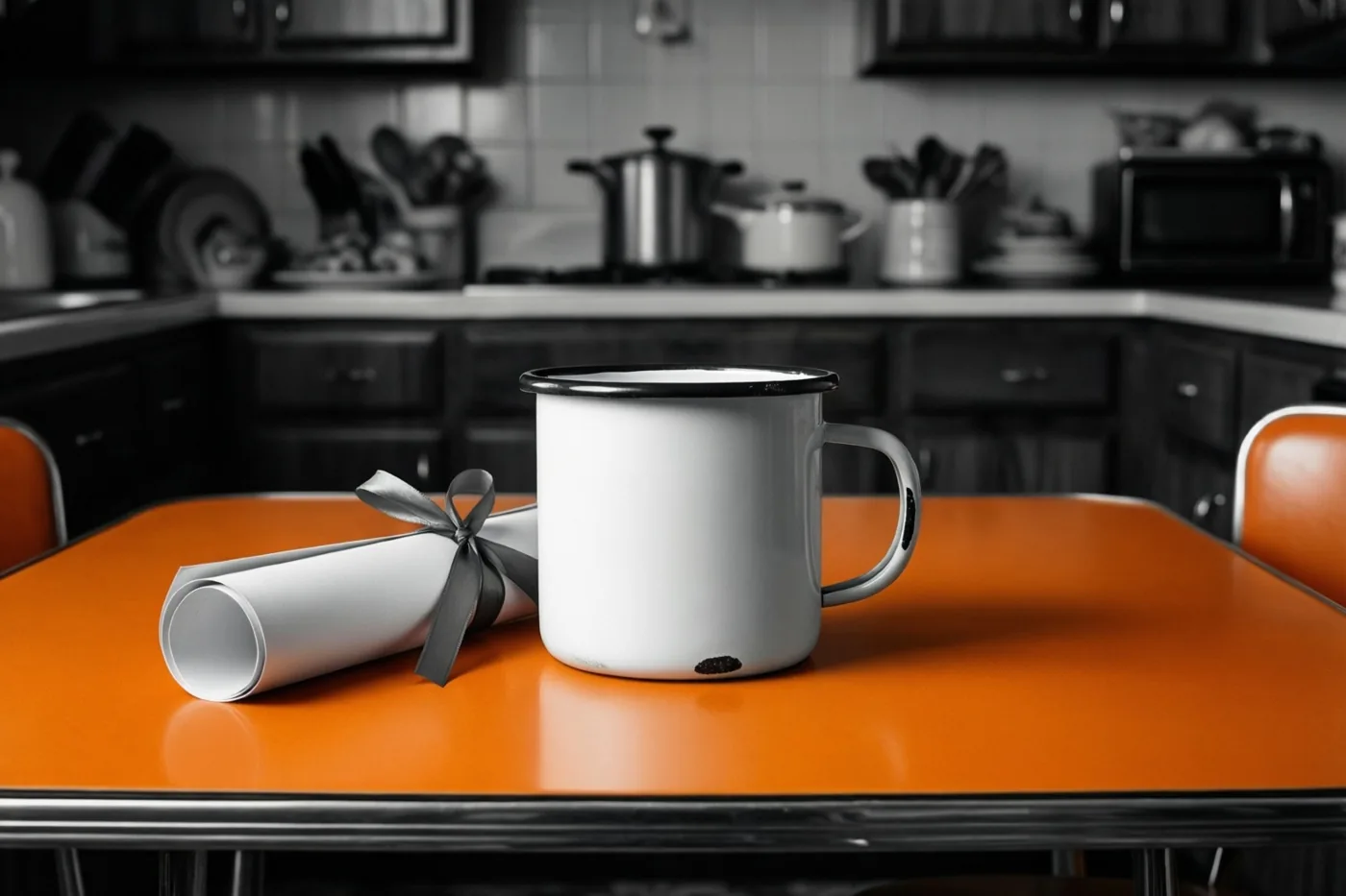 Een witte emaille mok en een opgerold diploma met een lint staan op een feloranje tafel, met daarachter een keuken in één kleur met kasten en toestellen.