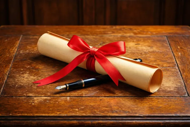Een opgerold diploma met een rood lint ligt samen met een vulpen op een oud houten bureau in warm licht met bruine en crèmekleurige tinten.