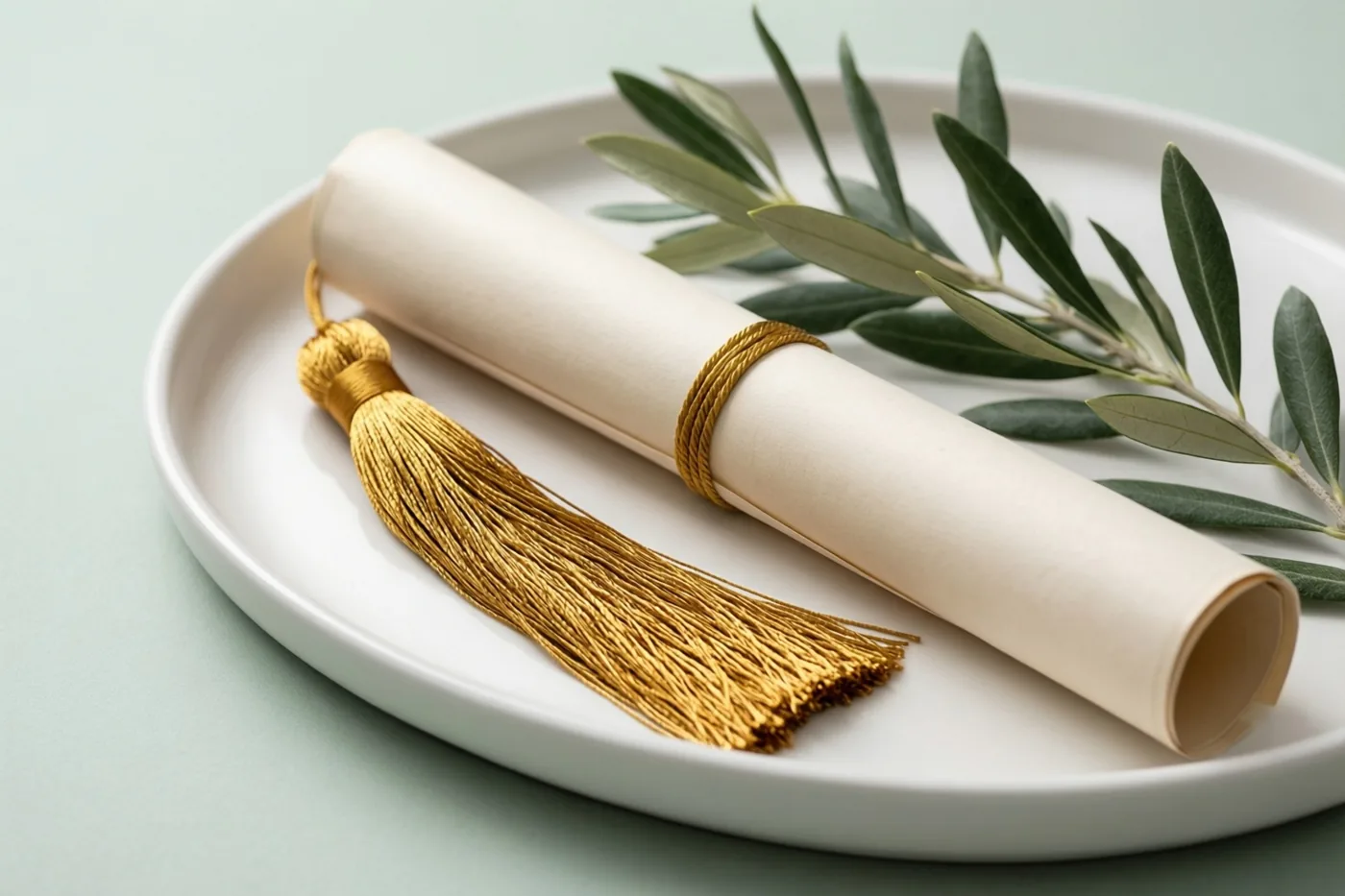 Een wit keramieken dienblad draagt een opgerold diploma met een gouden kwast en een olijftakje, tegen een zacht mintgroene achtergrond.
