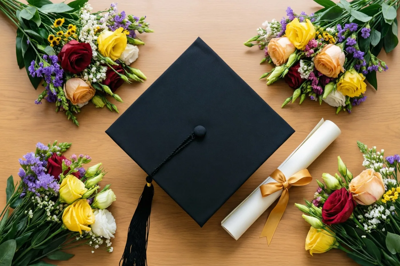 Een zwarte afstudeerhoed en een opgerold diploma met een gouden lint liggen midden op een houten bureau, omringd door kleurrijke boeketten.
