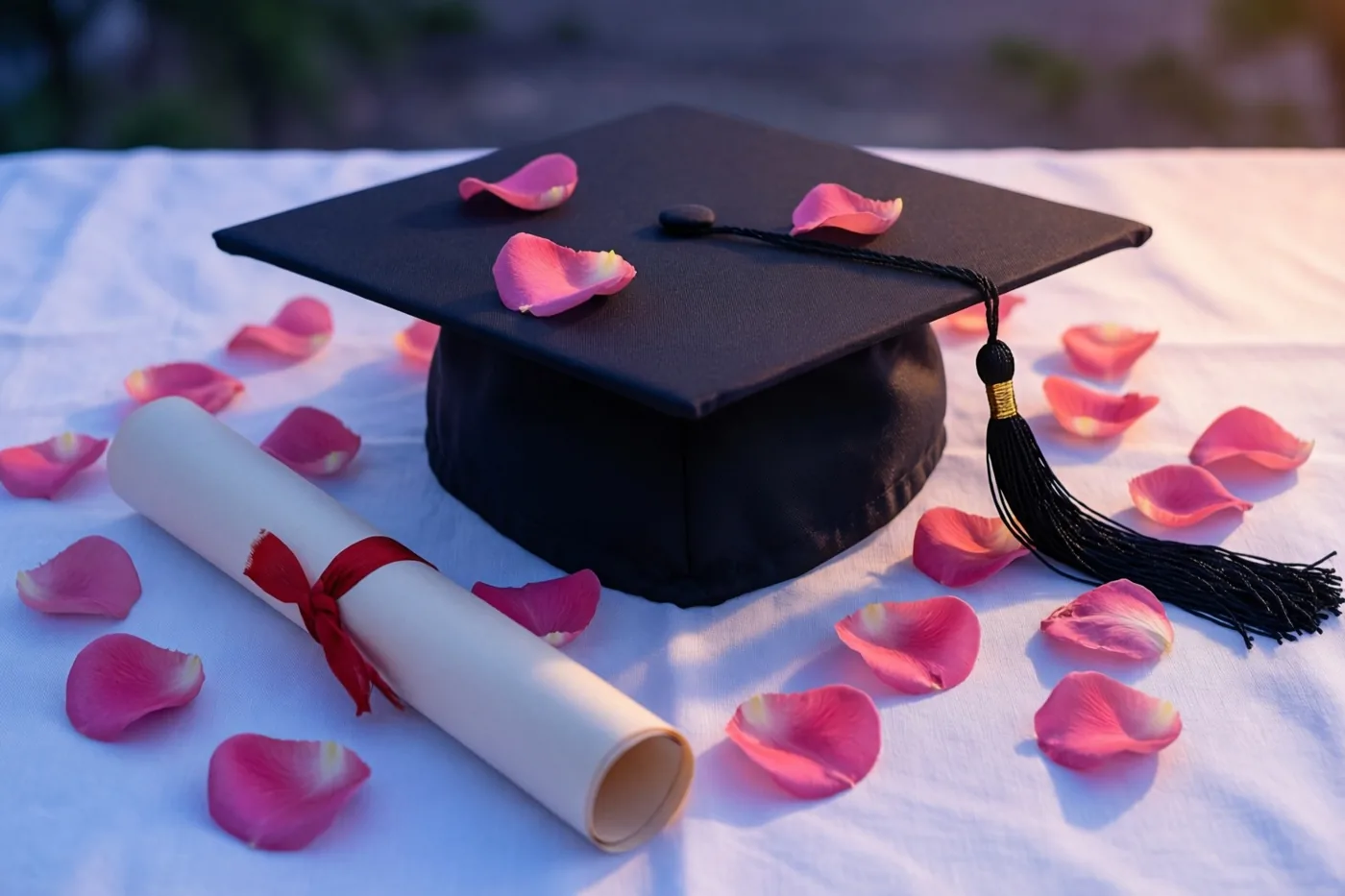Een zwarte afstudeerhoed en een opgerold diploma met een rood lint liggen op wit linnen tussen verspreide roze rozenblaadjes, in zacht licht.