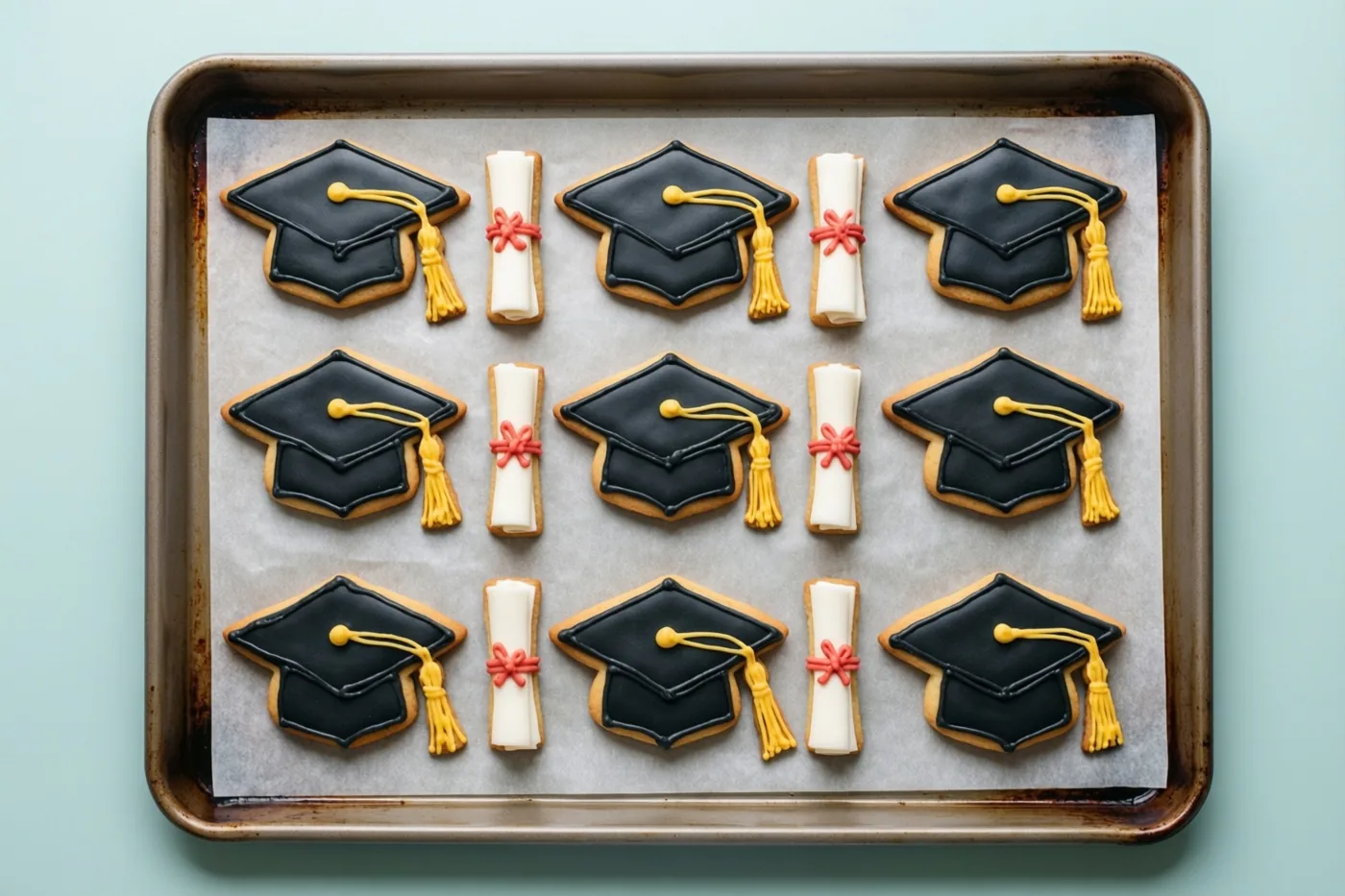Rijen koekjes in de vorm van afstudeerhoedjes en opgerolde diploma's met zwart, geel en wit glazuur liggen op bakpapier op een bakplaat tegen een lichtblauwe achtergrond.
