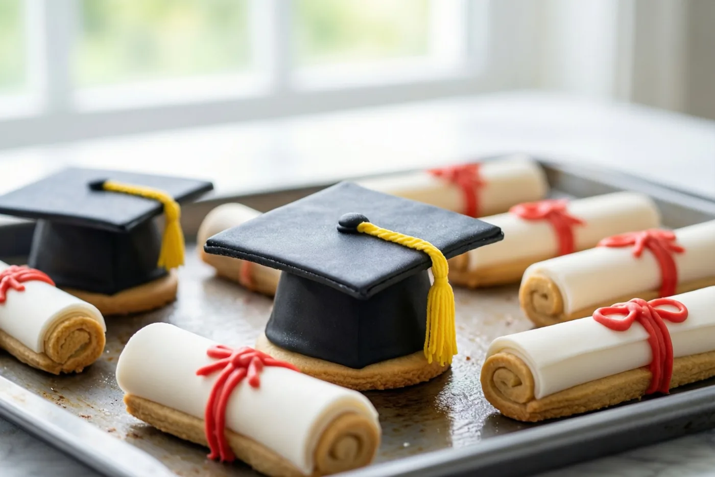 Koekjes in de vorm van afstudeerhoedjes en diploma's koelen af op een metalen bakplaat bij het daglicht van een raam.