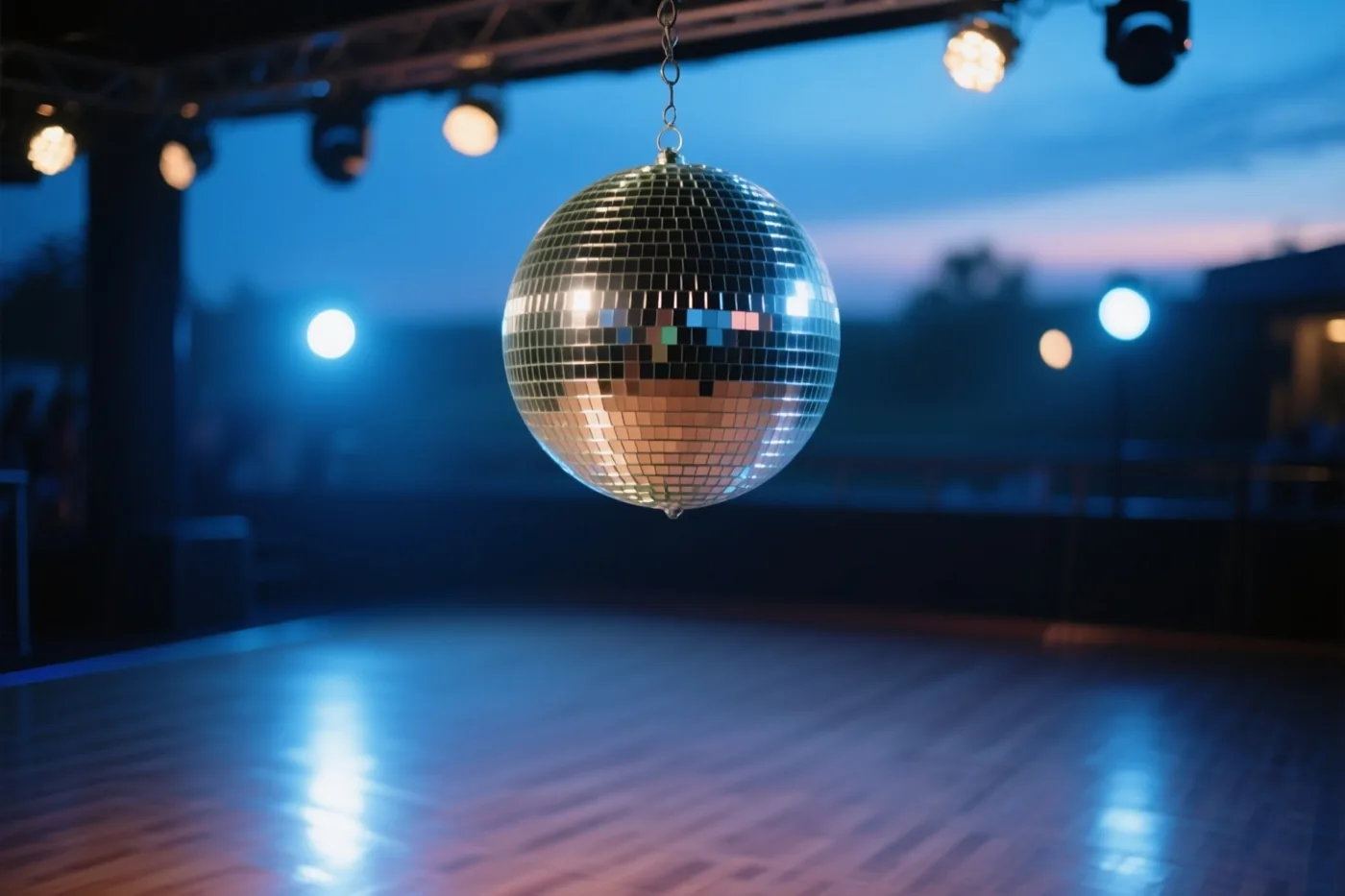 Een discobal hangt boven een lege houten dansvloer en weerspiegelt gekleurde lichten in een donkere ruimte met blauwe en paarse tinten.