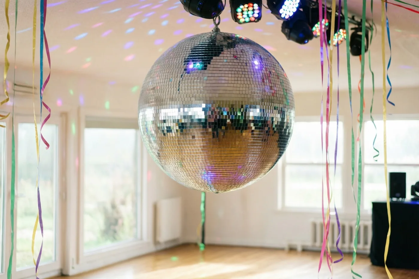 Een grote spiegelende discobal hangt met kleurrijke slingers in een lichte kamer met een houten vloer en grote ramen, waar gekleurde lichtpatronen op muren en plafond vallen.