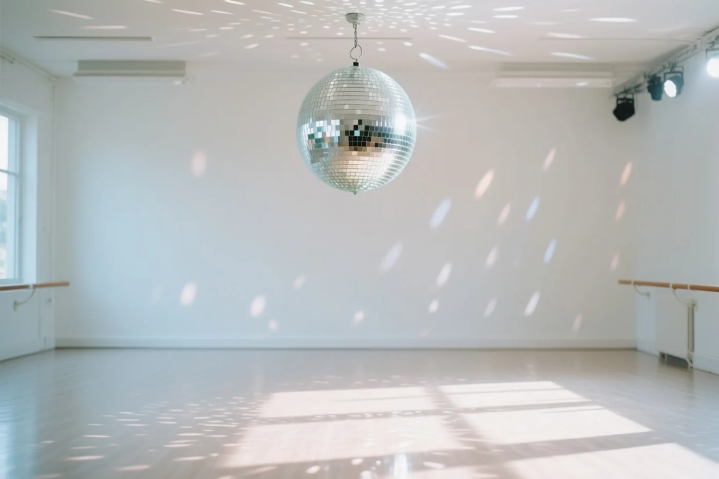 Een discobal werpt lichtvlekken op de witte muren en lege houten vloer van een lichte studio met daglicht uit een raam.