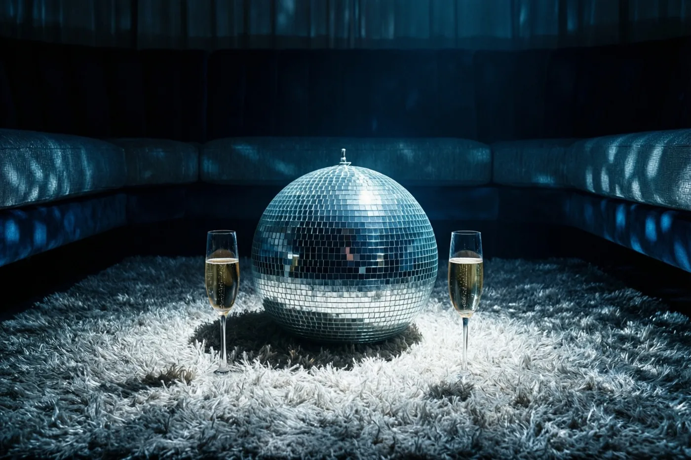 Een discobal ligt tussen twee champagneglazen op een hoogpolig tapijt, omringd door donkere zetels in een schaars verlichte zithoek met koele blauwe tinten.