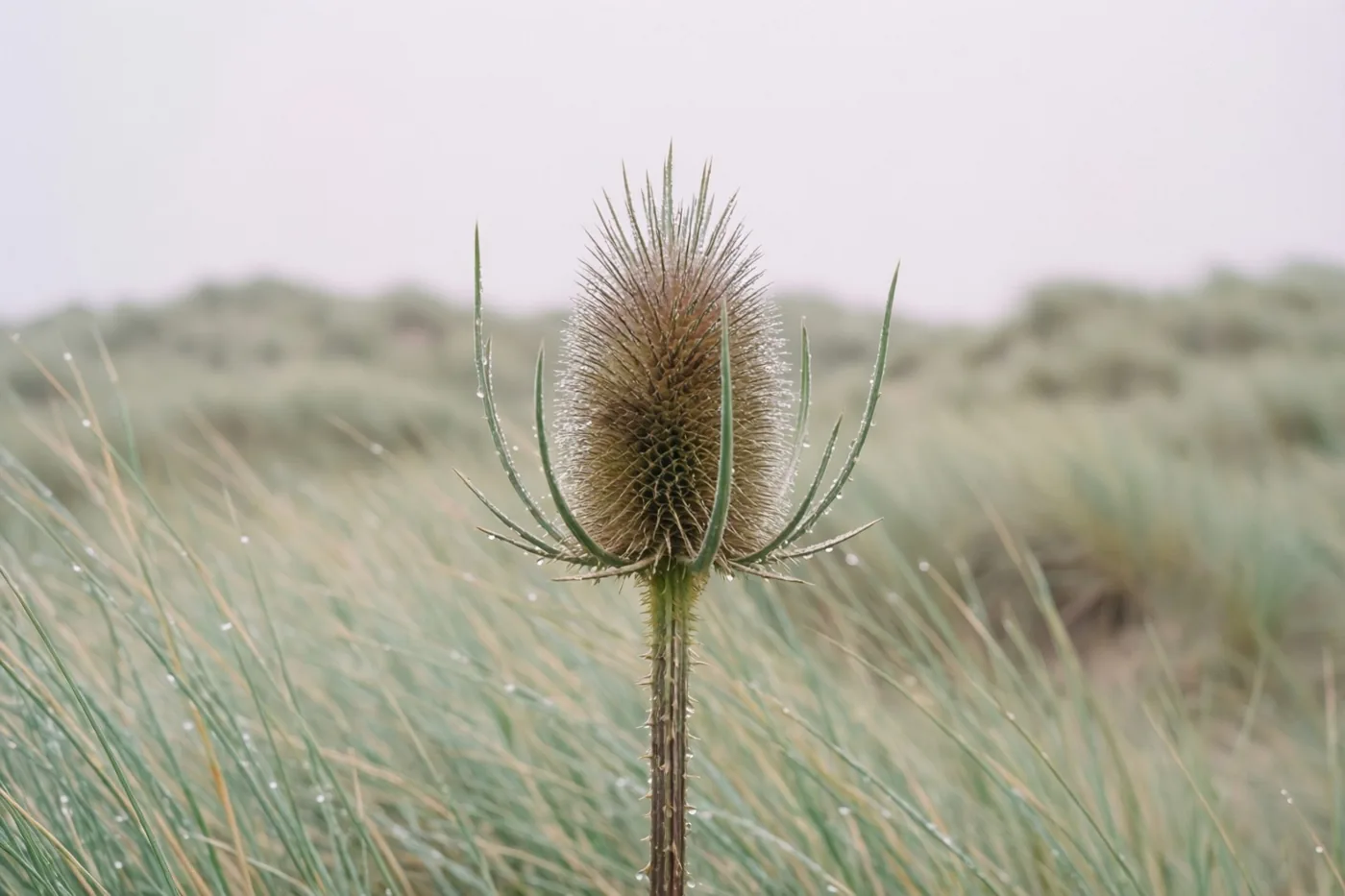 Een enkele distel met dauwdruppels staat rechtop tussen begroeide duinen onder een bewolkte hemel, in zachte groene, bruine en grijswitte tinten.