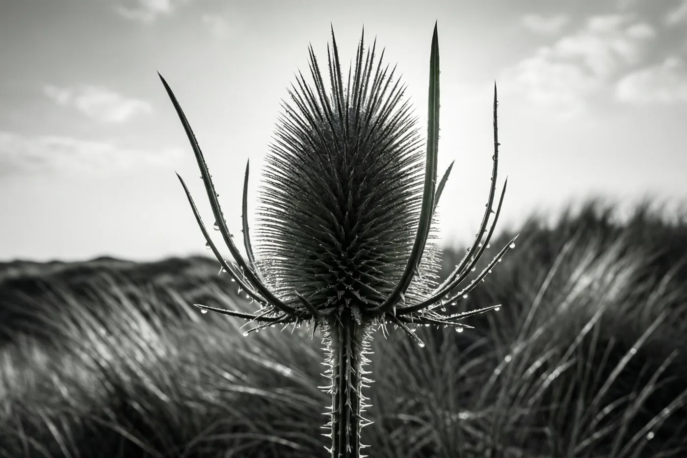 Een distel met dauwdruppels staat rechtop tegen wazige begroeide duinen onder een bewolkte hemel, weergegeven in één kleurtint.