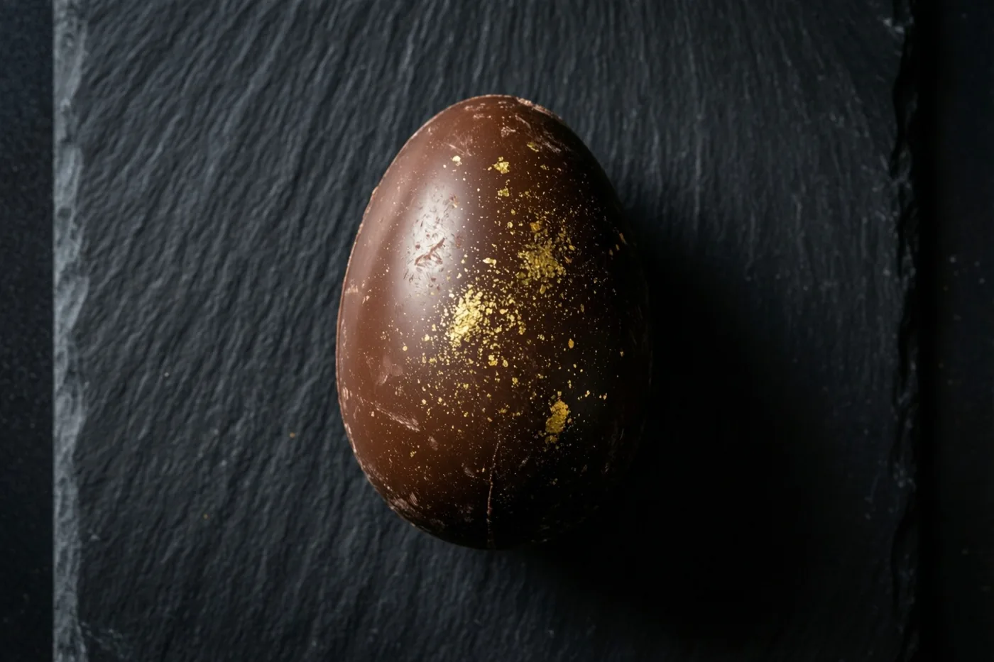 Een paasei van pure chocolade met gouden spikkels rust op een zwarte leisteen in een sober beeld met donkerbruine en zwarte tinten.