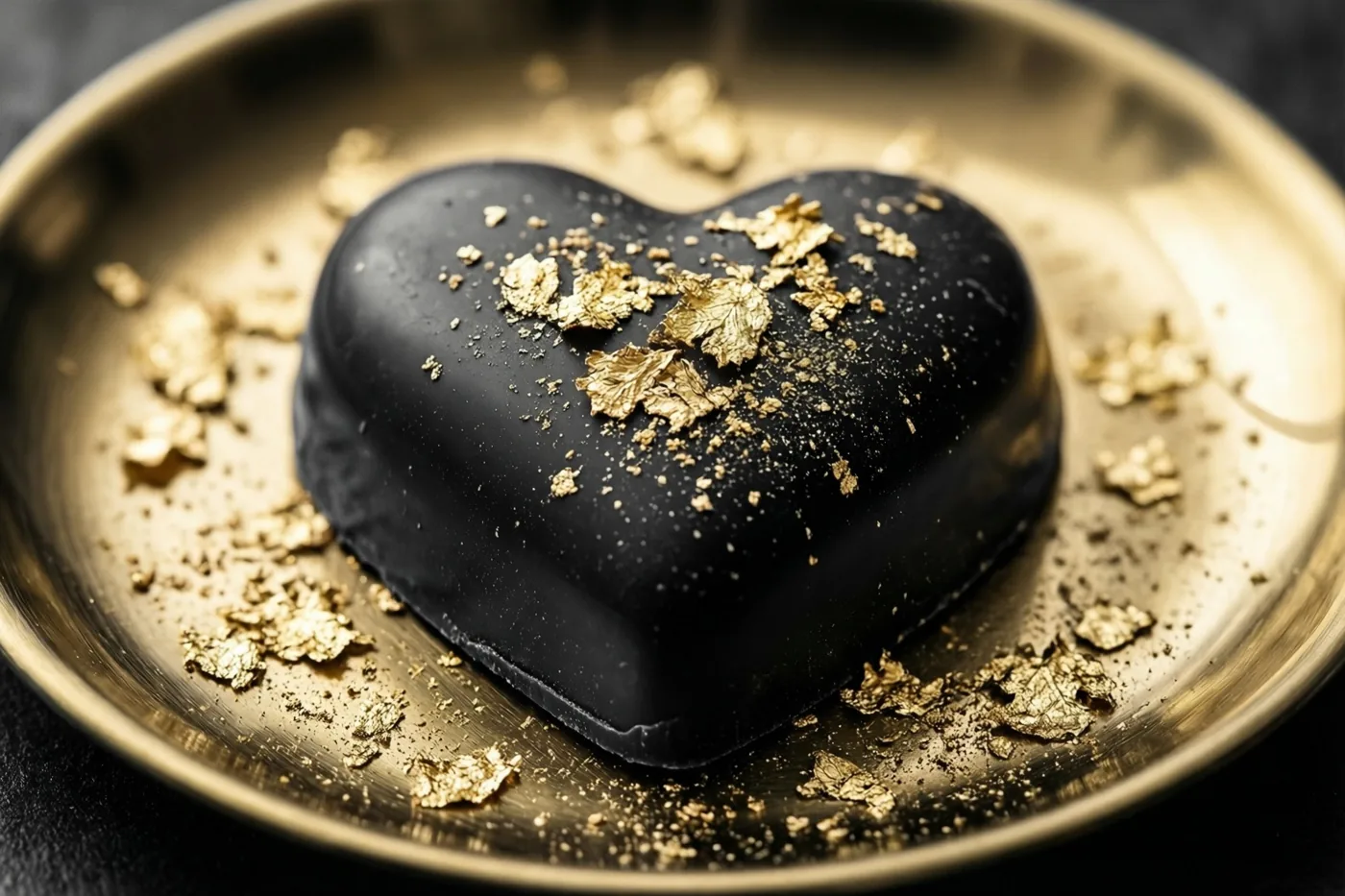 Een glanzend hart van donkere chocolade met verspreid bladgoud ligt op een gouden bord tegen een donkere achtergrond.