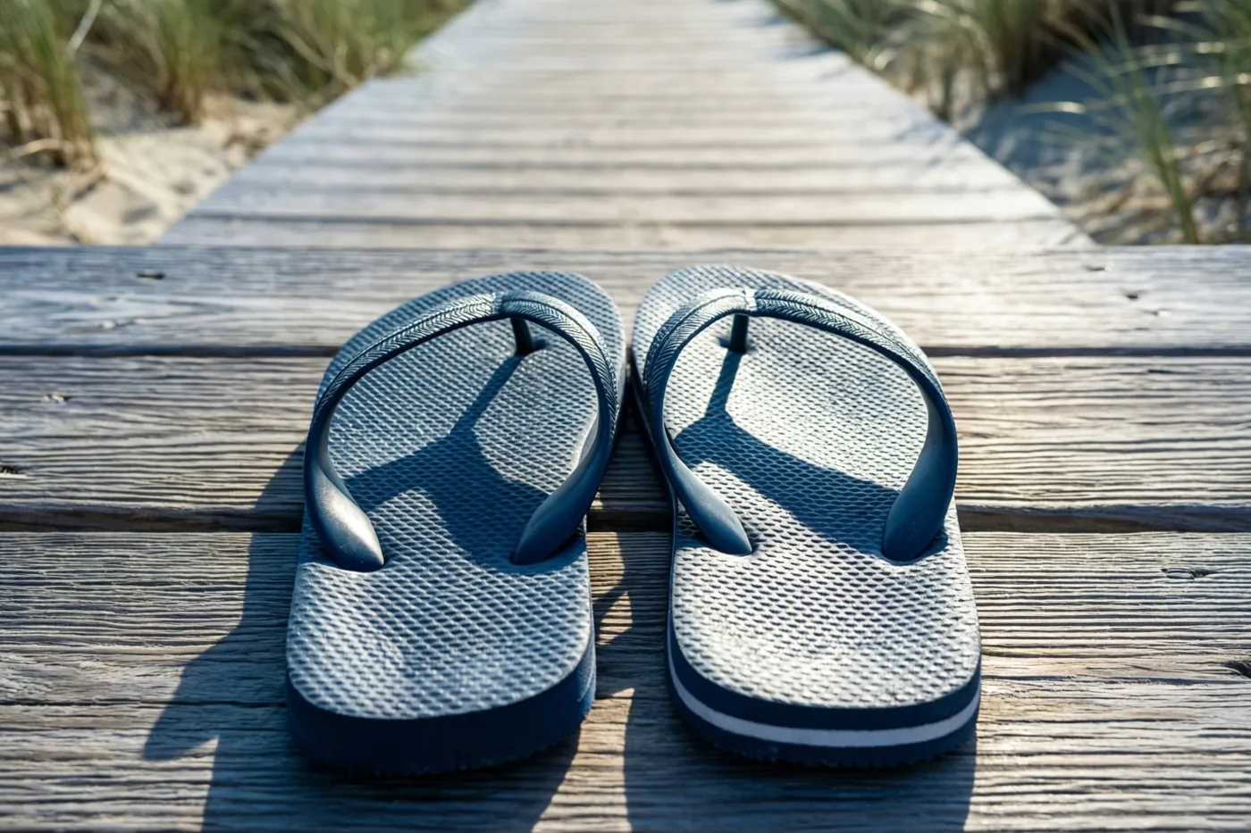 Donkerblauwe teenslippers liggen op een verweerd houten vlonderpad in fel zonlicht, met duingras aan weerszijden.