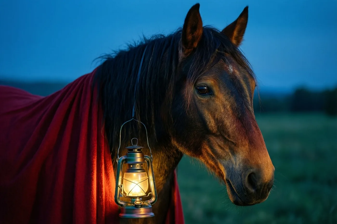 De kop van een donkerbruin paard met een rode mantel is van dichtbij te zien, verlicht door een lantaarn tegen een blauwe avondhemel.