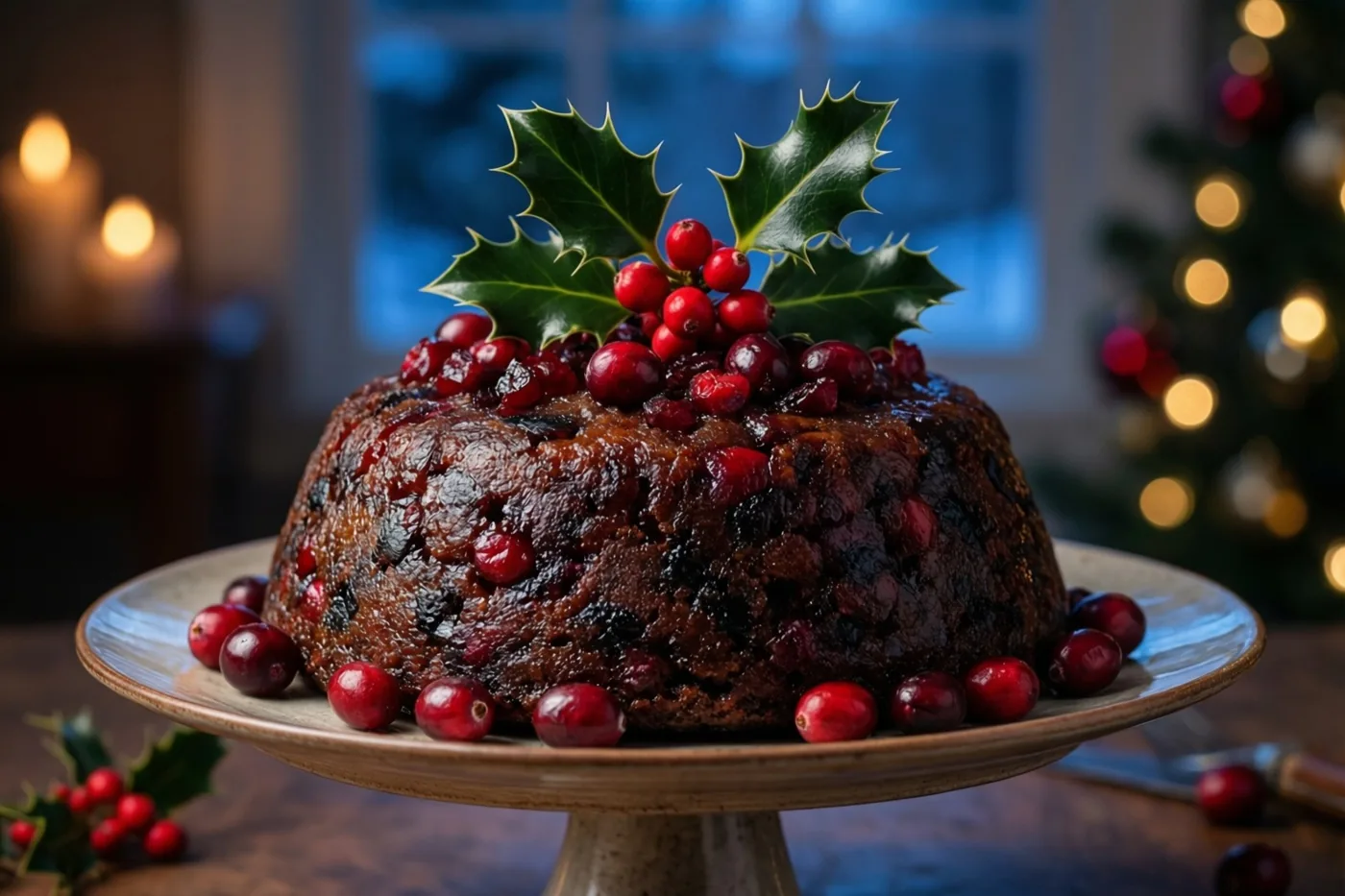 Een donkere cake in de vorm van een kerstpudding, met veenbessen en een takje hulst, staat op een keramische taartstandaard met een onscherpe kerstboom en kaarsen op de achtergrond.