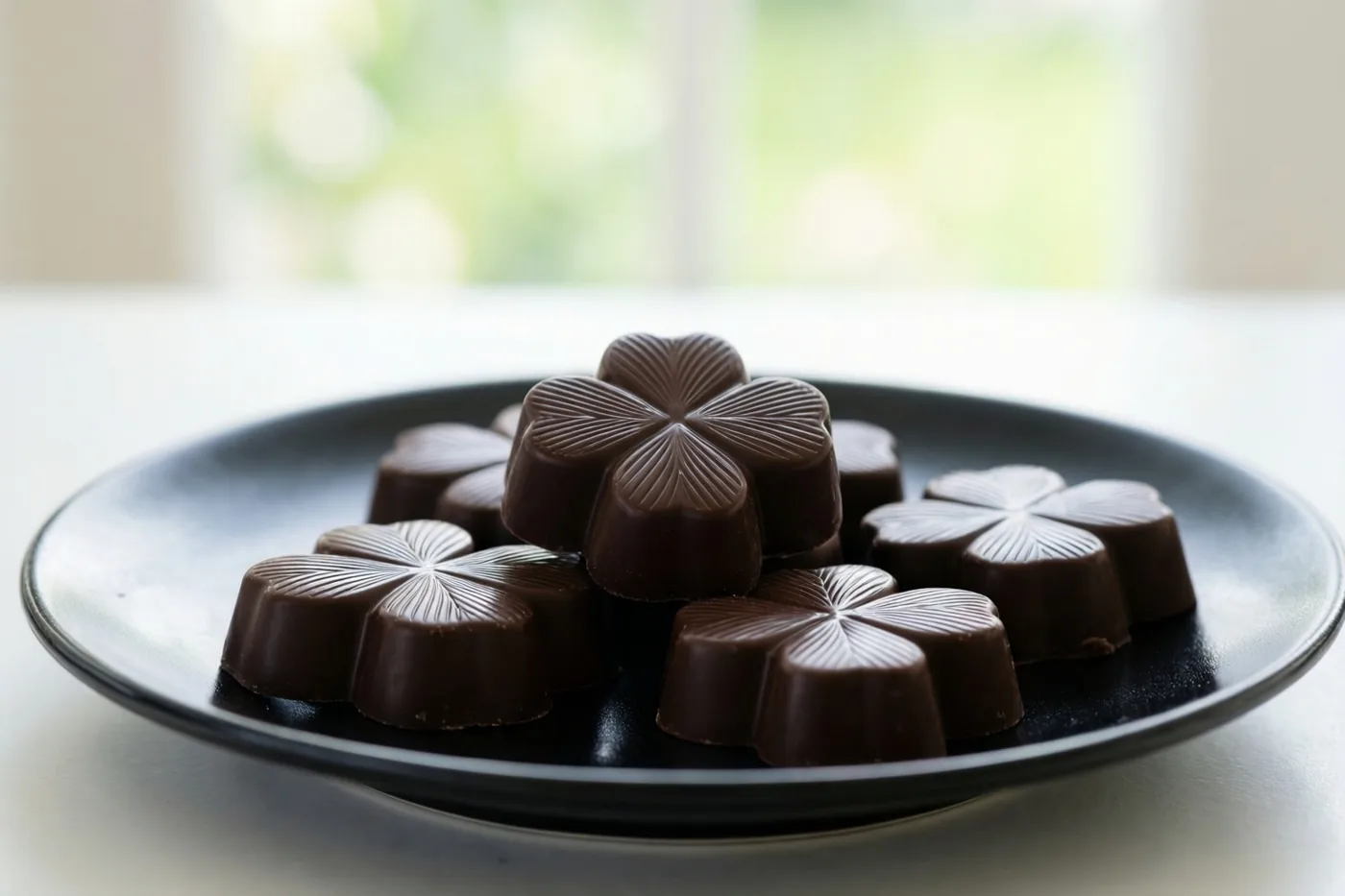 Een klein stapeltje donkere klaverchocolaatjes ligt op een zwart bord op een wit oppervlak, met een heldere, onscherpe groene achtergrond.