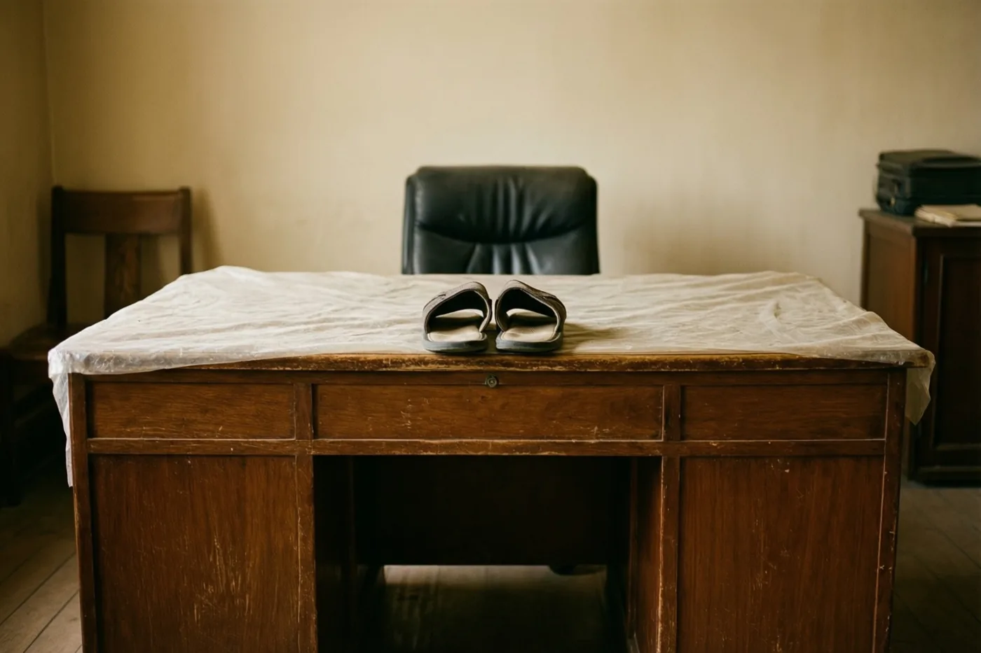 Een oud houten bureau staat onder een witte stofhoes met donkere pantoffels midden op het blad, in een schemerige kamer met beige muren en een houten vloer.