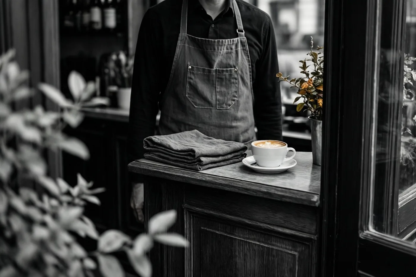 Een opgevouwen donkere schort ligt naast een witte kop koffie met latte art op een houten toog in een schemerig café, met planten en een raam op de achtergrond.